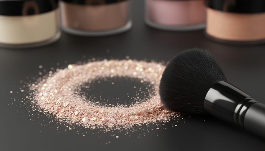 Macro close-up of iridescent mica shimmer powder on black ceramic with a makeup brush catching the light.