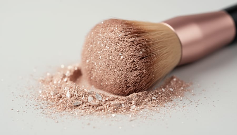 Macro close-up of iridescent mica shimmer powder on black ceramic with a makeup brush catching light