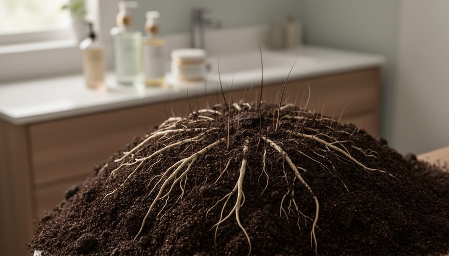 Macro view of healthy dark soil roots with subtle hair-follicle-like detail, symbolizing scalp care supporting stronger, healthier hair.