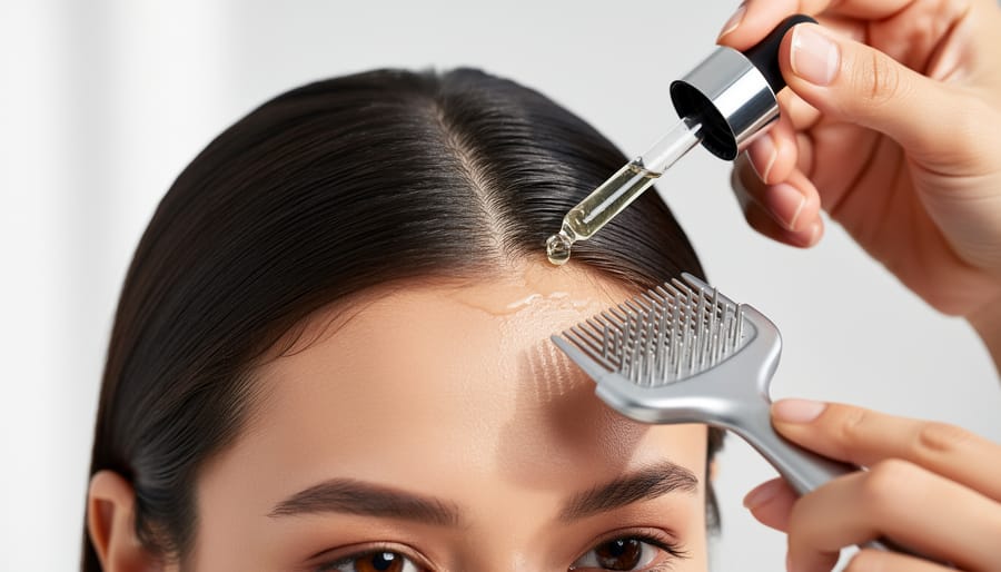 Person gently parting hair to reveal the scalp while holding a scalp massager brush in a bathroom.
