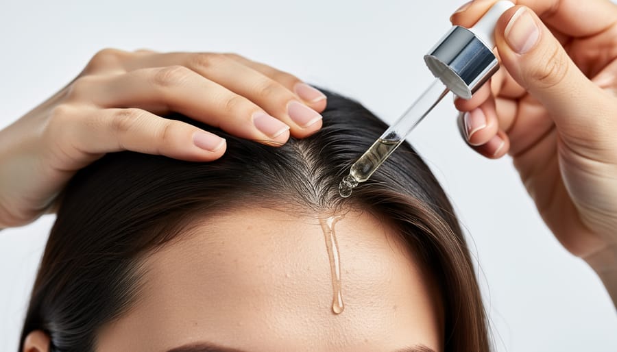 Close-up of a scalp serum applicator dropper and bottle with visible liquid tip in bright, clean lighting.