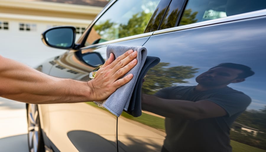 Person hand-buffing a car fender with a microfiber cloth in soft late-afternoon light.