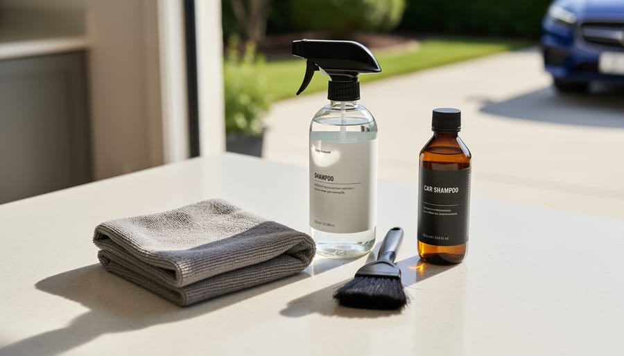 Detailing kit essentials including car wax, microfiber applicator pads, and buffing towels arranged on a workbench.