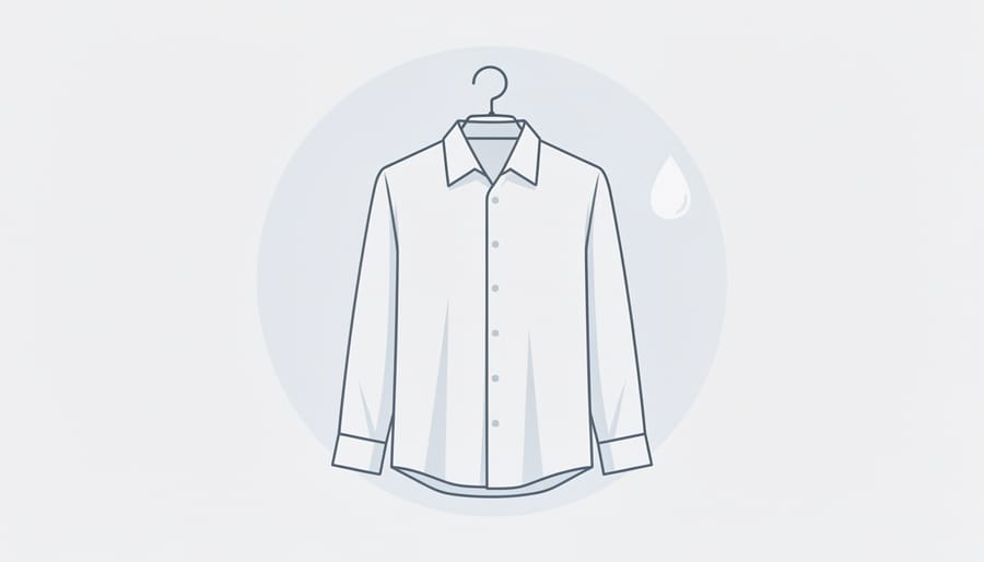 Clean shirt hanging on a drying rack in soft morning sunlight indicating successful stain removal