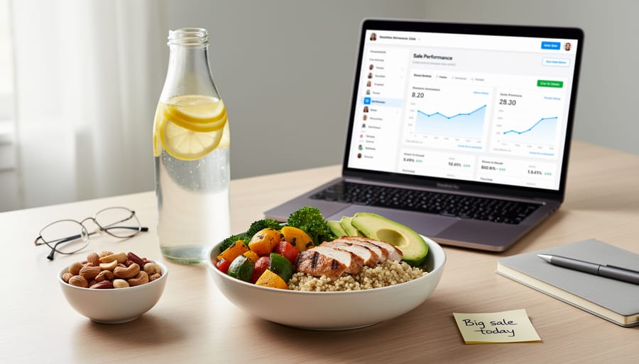 Healthy grab-and-go meal and water bottle arranged on a kitchen counter