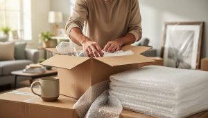 A person pauses while packing in a living room filled with moving boxes, bubble wrap, and staging items during a home sale.