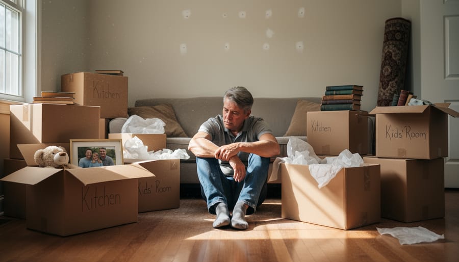 Person pausing while packing in a cluttered living room during a house sale