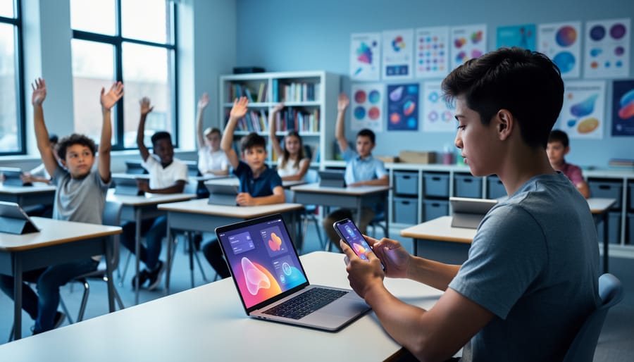 Teacher and students in a modern K-12 classroom using laptops and tablets with an unreadable AI tutoring glow, symbolizing widespread AI adoption in 2026 education.
