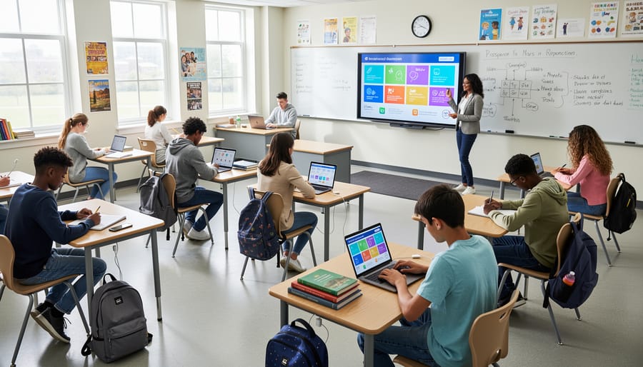 Students and a teacher in a modern classroom with a tablet and study materials.