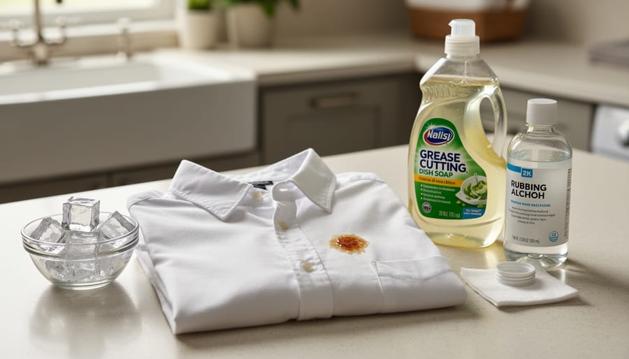 Close-up of a white cotton shirt with a small sticky spot beside ice cubes, dish soap, and rubbing alcohol used for stain removal.