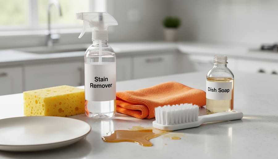 Stain-removal supplies including ice, dish soap, white vinegar, baking soda, and a microfiber cloth arranged on a countertop