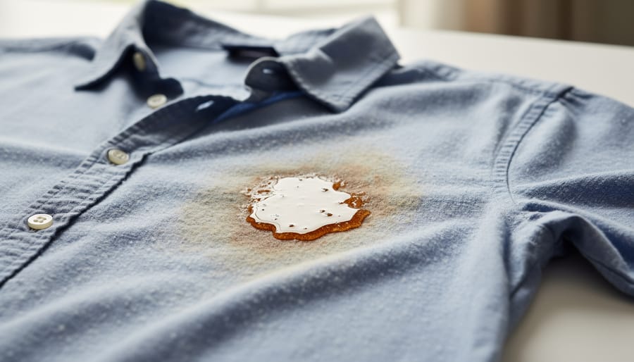 Hands holding a light-colored T-shirt with sticky residue on the sleeve in a laundry room setting