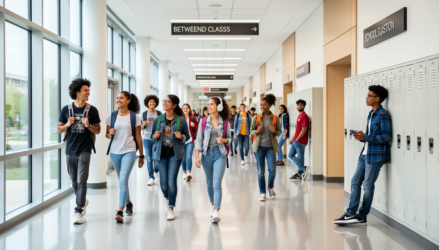 Students walking down a bright school hallway wearing modern, comfortable clothing.